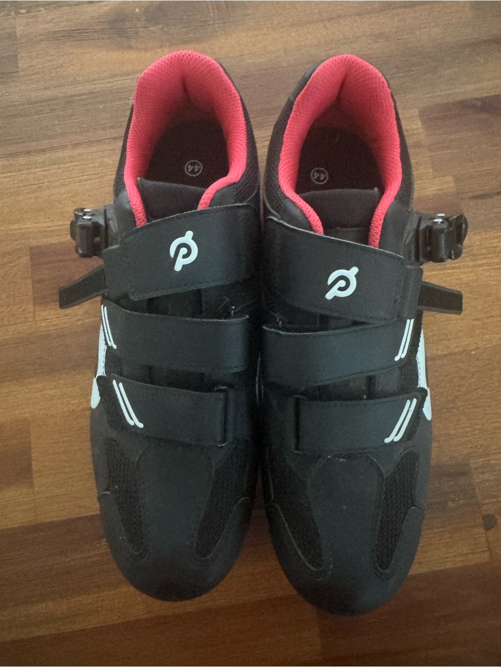 Peloton Size 44 Black Cycling Shoes with Pink Lining and Velcro Straps